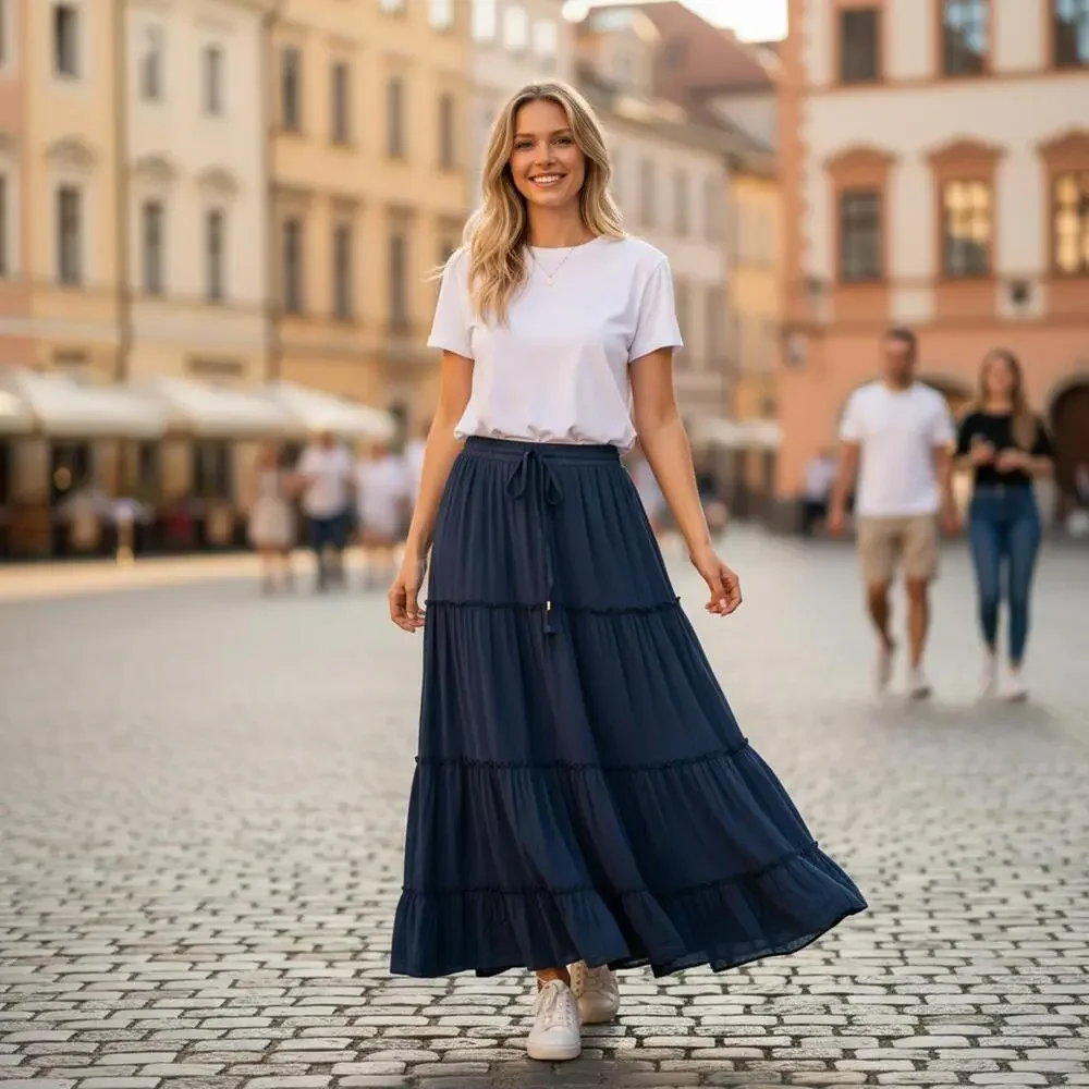 Womens Navy Blue Tiered Maxi Skirt with Drawstring Waist